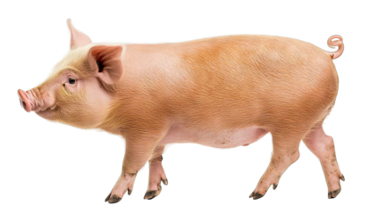 a side view of a healthy domestic pig walking on a white background showcasing its features and body structure