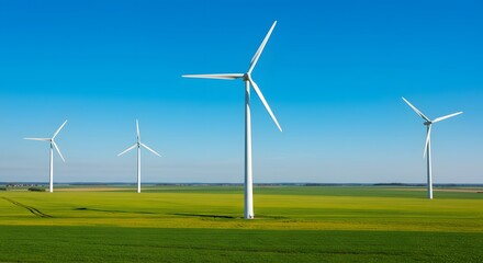 Fototapeta premium Wind Turbines on Green Field under Blue Sky Renewable Energy