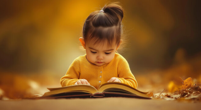 Menina ador&aacute;vel com su&eacute;ter amarelo absorta em um livro