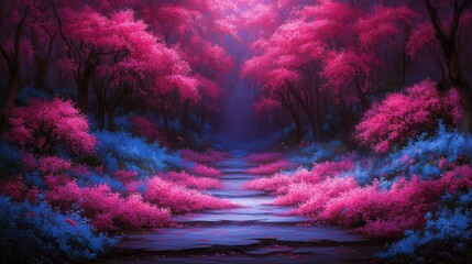 A beautiful forest with pink and blue flowers