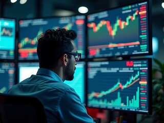 Focused male stock trader in glasses monitoring multiple screens with fluctuating financial charts and data in a dark modern office environment showing intense market analysis
