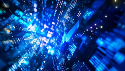 Dynamic data visualization.  Complex network of interconnected data streams, displaying trending information in a vibrant, fast-paced manner.  Visual representation of technology and analytics