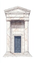 A marble temple-like structure featuring four columns and a central blue door, exemplifying classical architectural design.