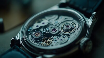 Close-up view of a watch's intricate inner workings.  Precisely crafted gears and components are visible through the transparent watch back