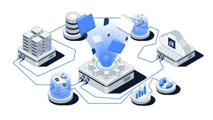 Isometric Data Management Vector Illustration. Cloud Storage, Business Computing, Datacenter and Technology Concept.