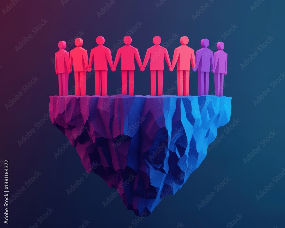 Fototapete a colorful illustration showing stylized figures holding hands on a floating rock, symbolizing unity
