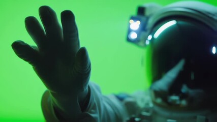 Spacesuit clad astronaut waving confidently against vivid green screen, providing seamless keying solution for visual effects and sci fi video productions