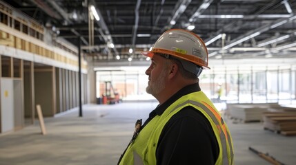 Focused construction worker overseeing progress at an interior build site