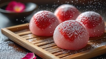 Traditional Japanese strawberry daifuku on bamboo tray with translucent mochi and edible petals, morning light through shoji paper for culinary branding and packaging design