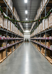 A Warehouse filled with Holiday gifts packages, wallpaper,bustling warehouse aisle transformed into a festive wonderland with decorated Christmas trees and shimmering garlands amidst rows of neatly st
