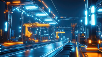 Advanced Automated Container Terminal at Night with Glowing Lights Display