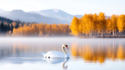 Majestic Swan on a Misty Autumn Lake