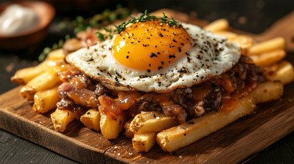 French fries with beef, a fried egg, and chutney on a wooden board against a dark background