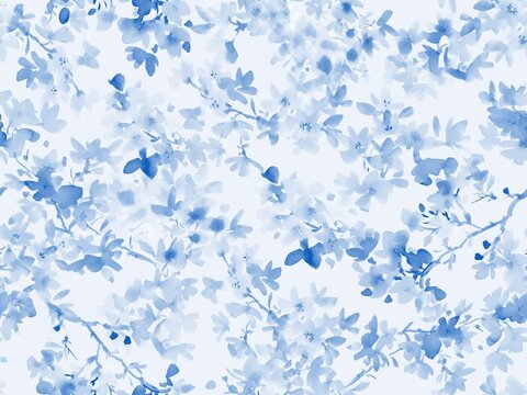 Seamless pattern of abstract indigo blue floral motifs painted in watercolor. Hand-drawn cherry blossom textile design for spring.
