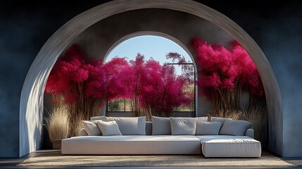 Modern sectional sofa in arched alcove with vibrant pink trees.