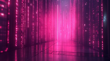Glowing pink digital code lines in a futuristic corridor.