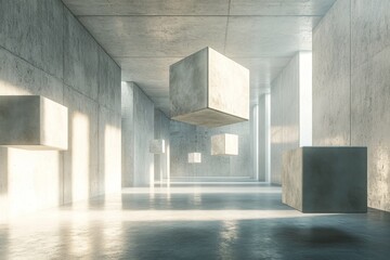 Concrete interior with floating cubes