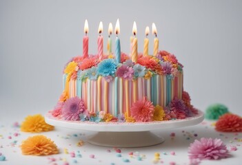 topped colorful lit sprinkles birthday stripes six cake decorated pastel background flowers candles various white colors occasion candle colourful icing celebration baking fun blue flower sugar