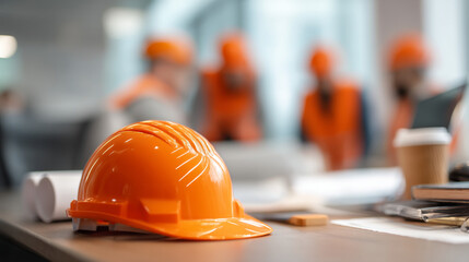 Orange hard hat on a table with blueprints and construction workers in the background in an office setting