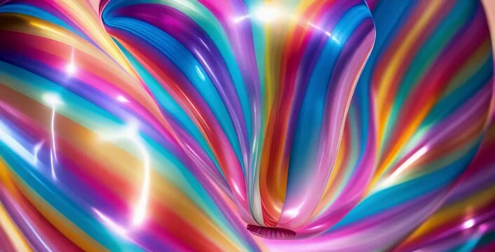 A vibrant, saturated latex balloon slowly inflating, each colorful stripe expanding with a mesmerizing gradient