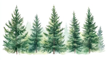 Watercolor illustration of a Christmas fir tree forest on a white or transparent background in PNG format. --