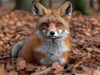 Fototapeta premium Red Fox Among Autumn Leaves: Wildlife Beauty in Forest Habitat