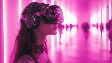 Woman wearing VR headset in pink neon light.