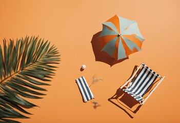 vacation shadow chair beach creative space still copy concept palm miniatures background orange leaves life umbrella summer top view lounge leaf tropical sunshade blue sand topview relax colourful