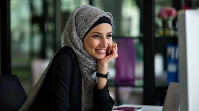 Attractive middle eastern businesswoman woman posing at her work place sitting at her desk using a computer	