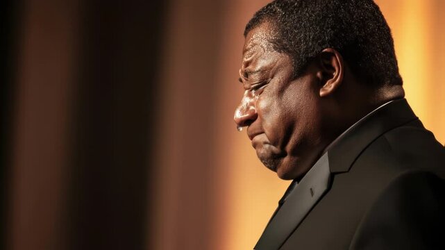 The moment of acceptance unfolds as the politician visibly emotional wipes away a tear while gripping the award with one hand. Their other hand gestures toward the audience symbolizing