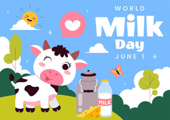 World Milk Day Vector Illustration with Milk Bottle and Cute Cow Celebrating Dairy on June 1 in flat Style Cartoon Background