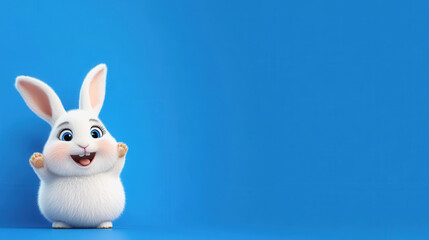 Enchanting 3d full body illustration of a cute white rabbit against a blue background radiating charm and whimsy