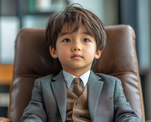 Little Boy in business suit working in office.