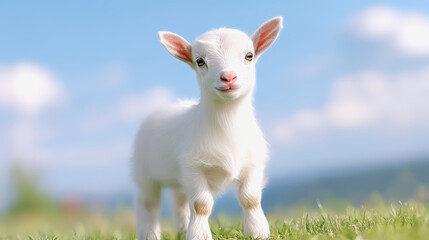 Obraz premium Playful baby goat standing in a sunlit field captured in a vibrant 3d illustration showcasing its energy and youth