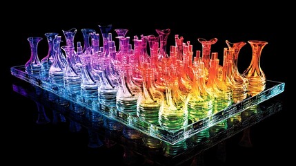 Colorful glass chess set on transparent board