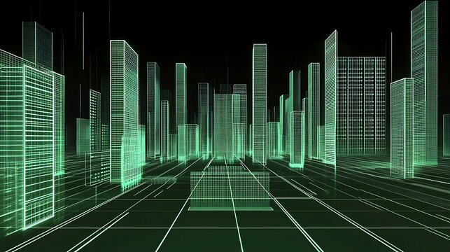 Futuristic city skyline, digital wireframe