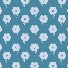 Doodle cute floral fabric seamless pattern. White flowers on blue background.
