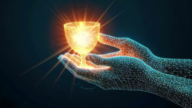 Hands holding glowing digital wireframe chalice