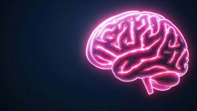 Neon pink wireframe brain on dark background