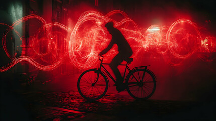 Obraz premium A silhouetted person rides a bicycle surrounded by red light trails