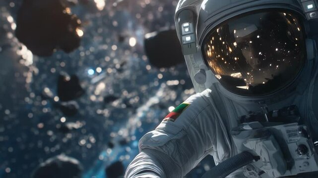 Astronaut wearing a spacesuit with an american flag patch floats through space, surrounded by a vast asteroid field, with the sun shining brightly in the distance