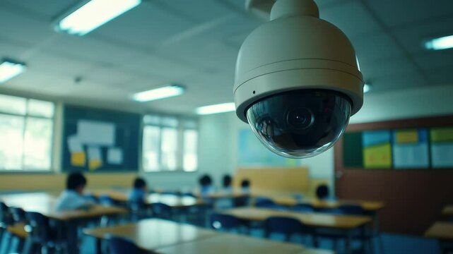 Security Camera in Classroom Setting Capturing Students at Desks with Fluorescent Lights and Educational Materials on Walls, Highlighting Surveillance, Safety, and Technology in School Environment
