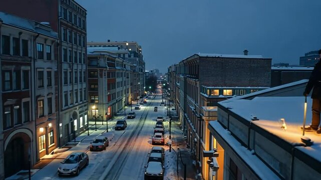 Snowy Evening in City with Rooftop View