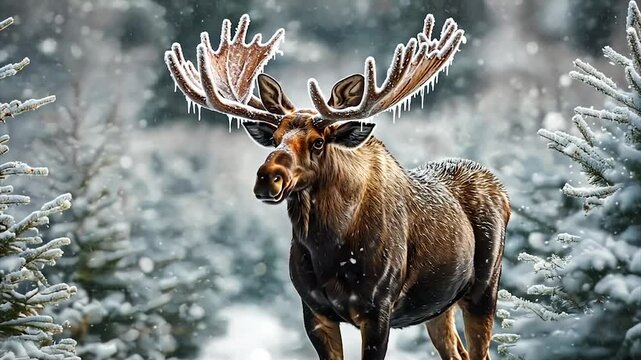 Majestic moose with icy antlers in snowy forest