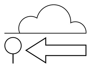 Cloud hovering over horizontal line, large leftward arrow, circular marker. Ideal for communication, direction, connectivity, navigation, technology decision-making cloud computing. Flat simple