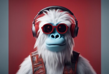 a huge yeti glasses headphones listens music red background banner copy space ai generation