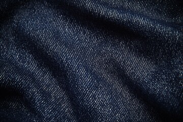 Close-up view of denim fabric texture.  Wrinkled and folded denim material with subtle variations in shade