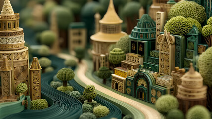Fototapeta premium Fantasy Cityscape Miniature: Intricate Paper Art Whimsical Town with Rivers and Trees