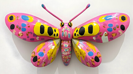 A vibrantly colored painted butterfly sculpture mounted on a white wall