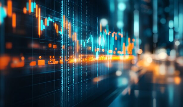 Financial data streams, illuminated graphs and charts on a dynamic display. Blurry cityscape background enhances the technological theme
